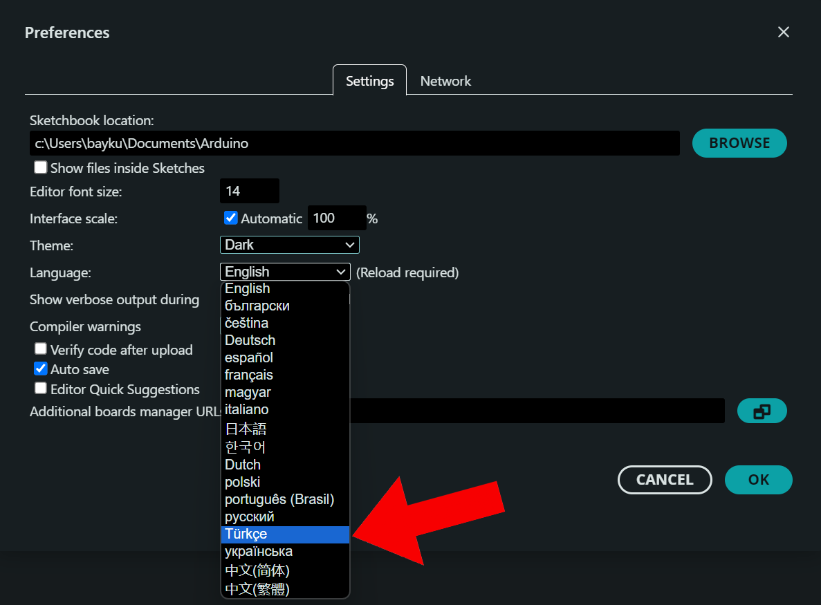 Arduino ide kurulumu - dil seçimi