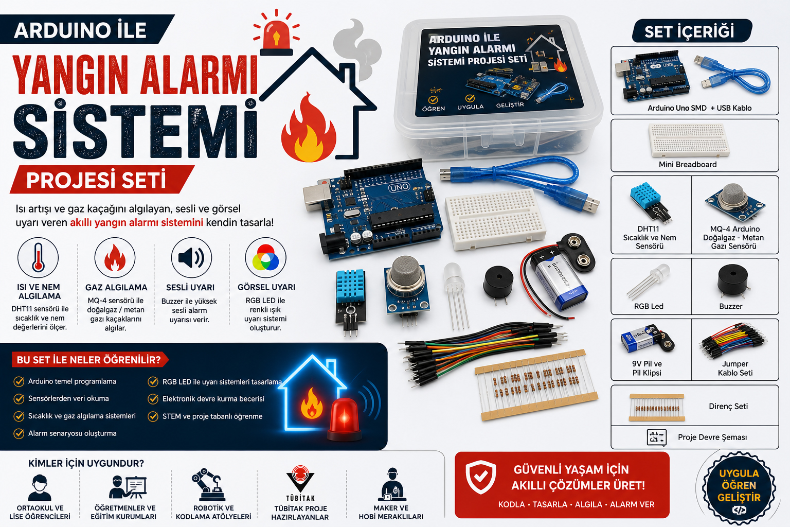Arduino ile yangın alarmı sistemi projesi seti